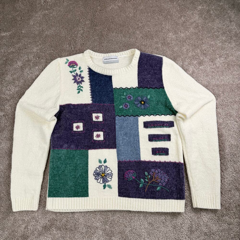 Vtg Alfred Dunner Floral Patchwork Knit Crewneck Sweater Multi-Color Size M